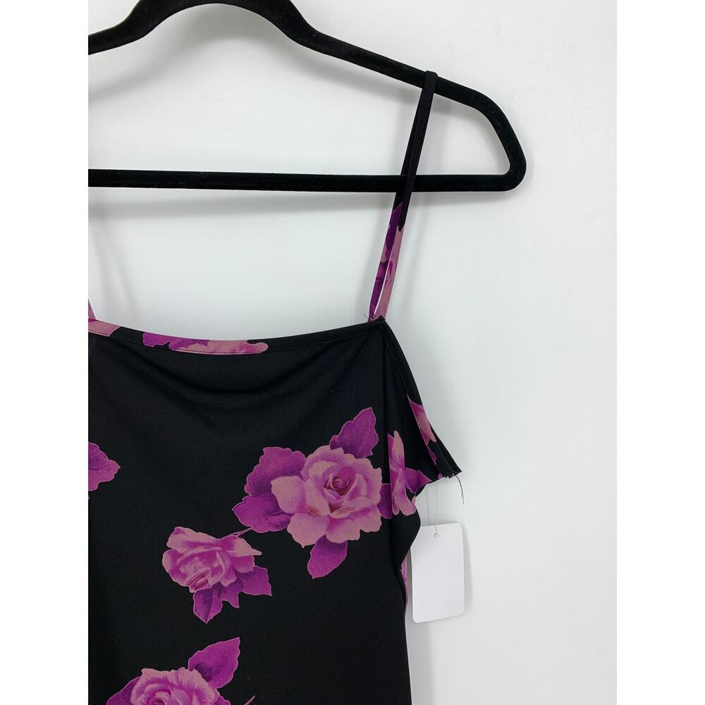 Vintage 90s Rose Print Mini Party Dress Womens L Black Purple Bodycon Stretch - Picture 4 of 6